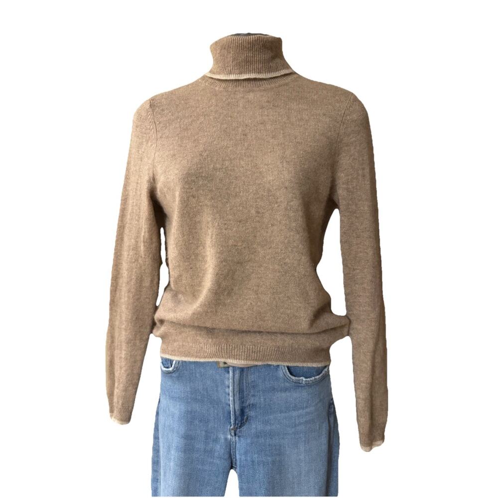 Morgan Taylor Toffee 100% Cashmere Sweater Ivory Trim Sz S